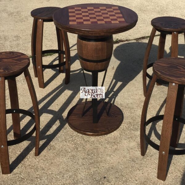 Set "Marte" botte tavolo con dama e quattro sgabelli con doghe di rovere